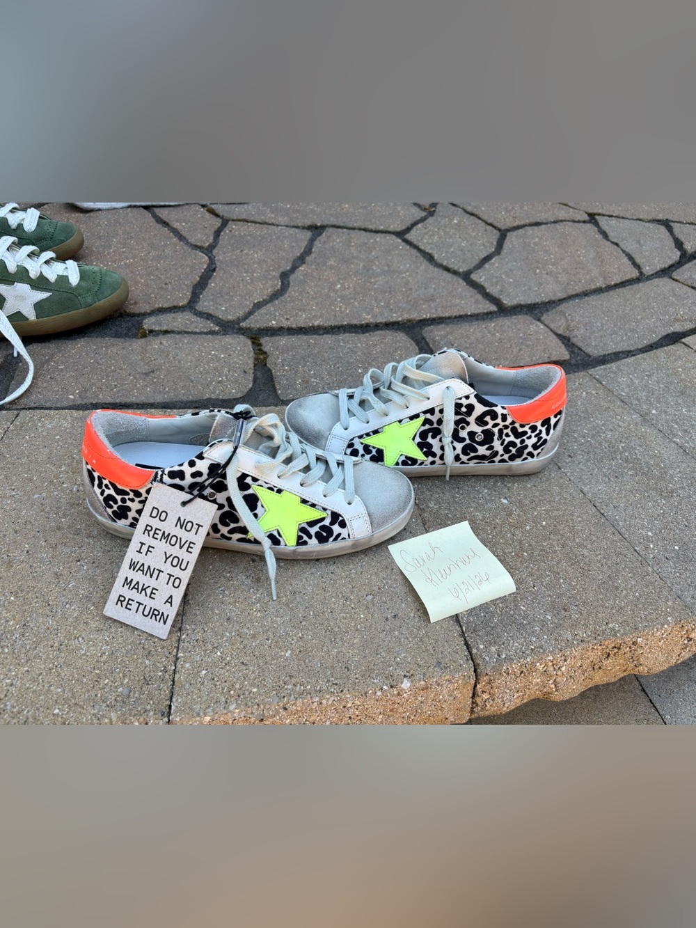 Golden Goose Leopard Print Sneakers with Neon Green Star and Orange Heel - Picture 1 of 6